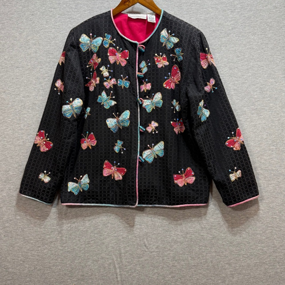 Draper's & Damon's Butterfly Jacket Womens PM Black Embroidered Sequin Art Wear‎